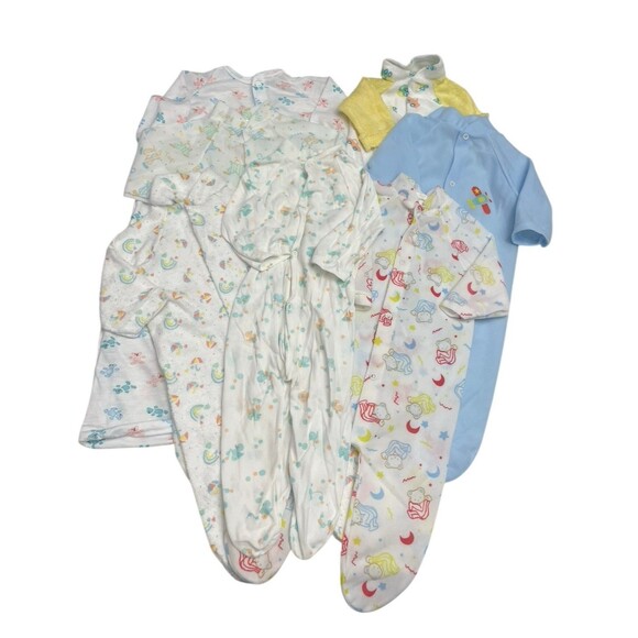 7 pc Vintage Footed Sleepers Baby Boy Size Medium Bears Cars Clowns Assorted Lot - Picture 1 of 15